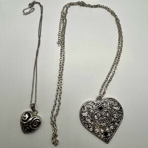 2 silver tone heart necklaces